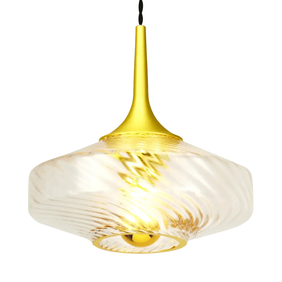 Suspension roxanne Ø20 en métal doré avec abat-jour en verre translucide à motif tourbillonnant diffusant une lumière chaude