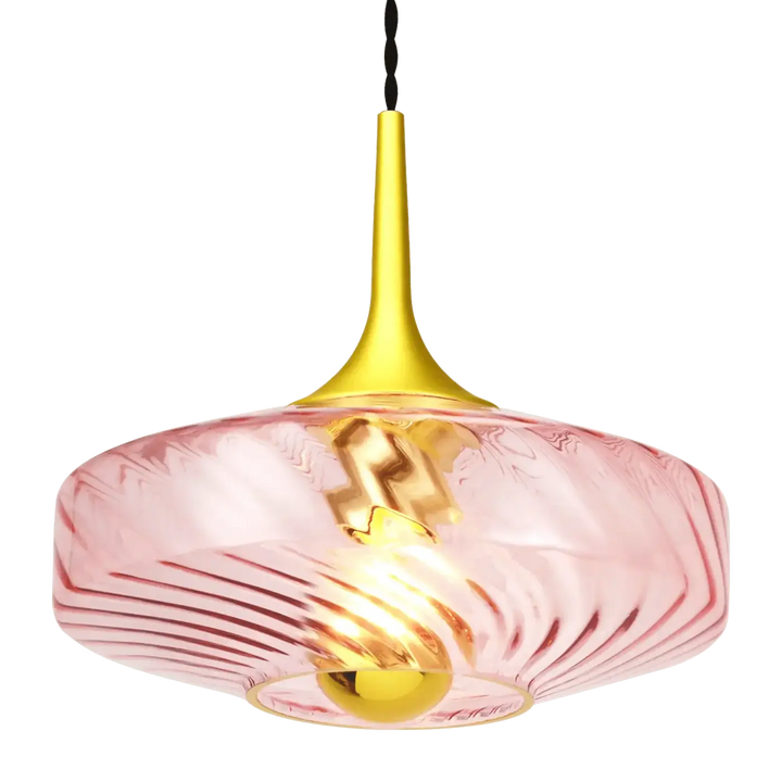 Suspension roxanne Ø20 en verre rose avec tige et socle métalliques dorés et motifs nervurés en spirale