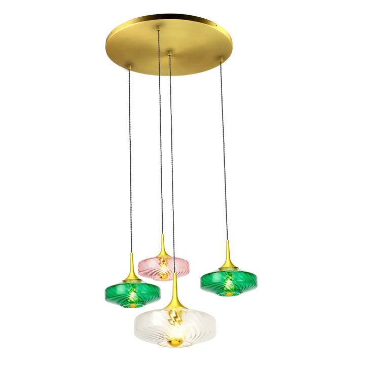 Suspension roxanne avec monture circulaire dorée et trois abat-jours en verre soufflé vert, rose et clair
