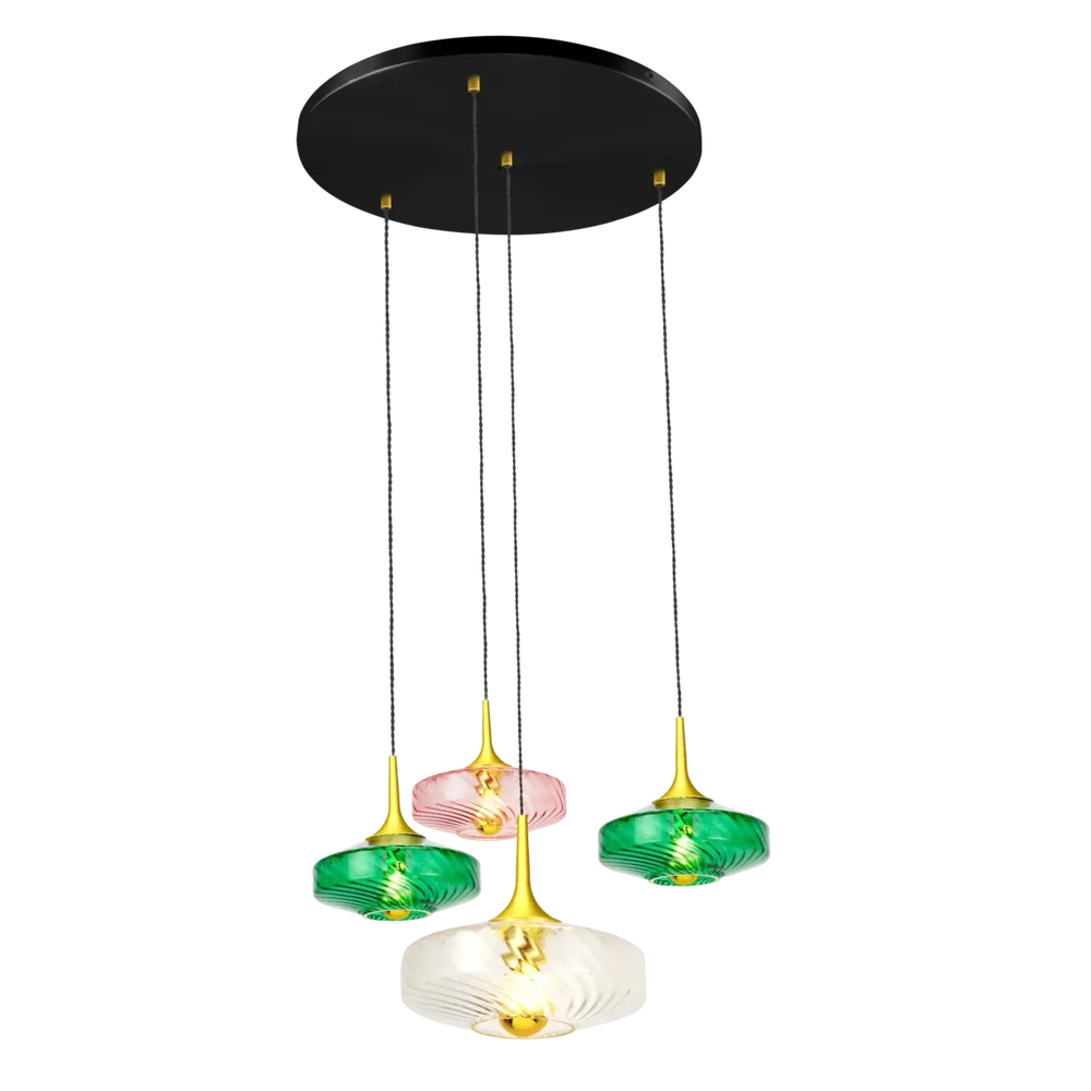 Suspension roxanne avec quatre lumières en verre soufflé coloré vert et rose sur monture plafond noire élégante