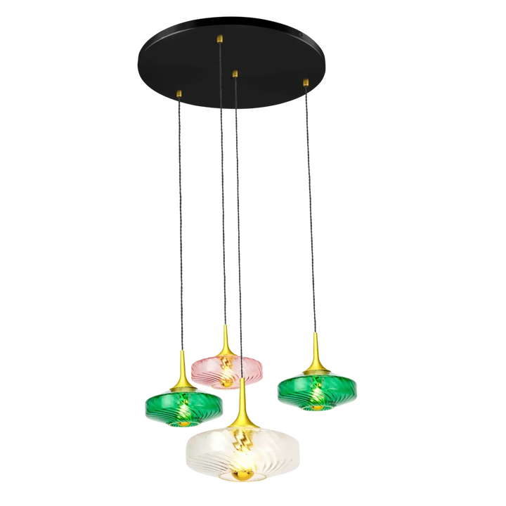 Suspension roxanne avec quatre lumières en verre soufflé coloré vert et rose sur monture plafond noire élégante