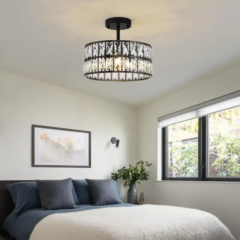 Suspension tambour noir avec cristaux style art déco