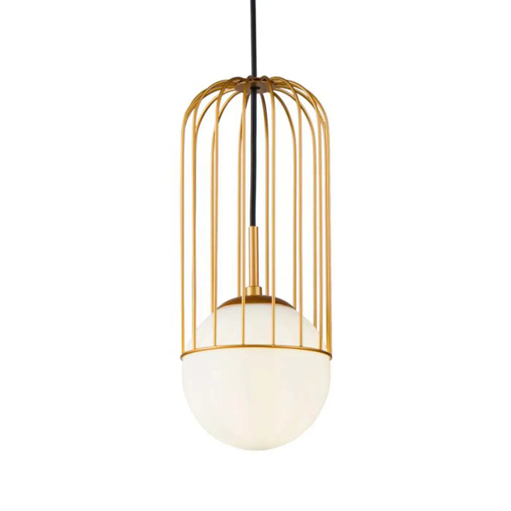 Suspension telford cage dorée avec globe en verre blanc givré pour un éclairage élégant et moderne
