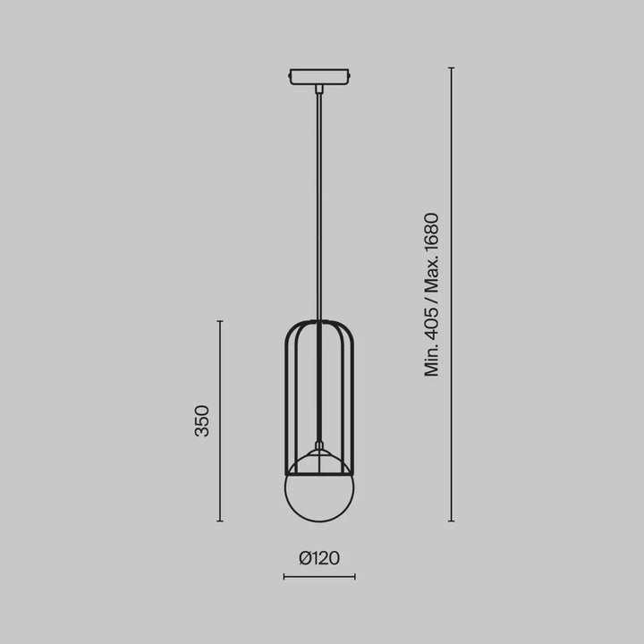 Minimalist suspension telford noire en métal avec design cage dorée cylindrique et base sphérique en verre blanc