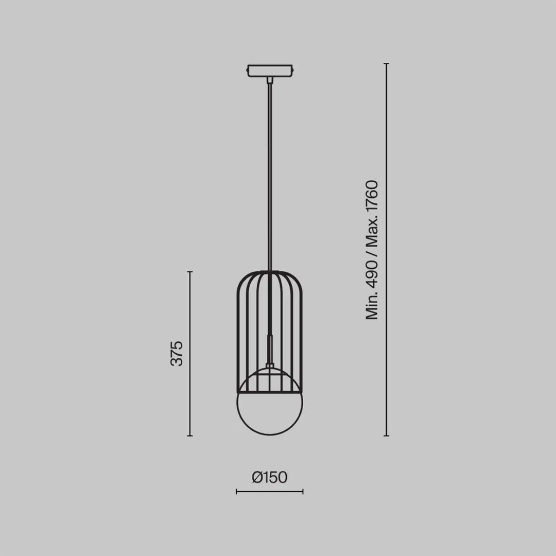 Suspension telford cage dorée en métal noir minimaliste avec cage cylindrique et base sphérique en verre blanc