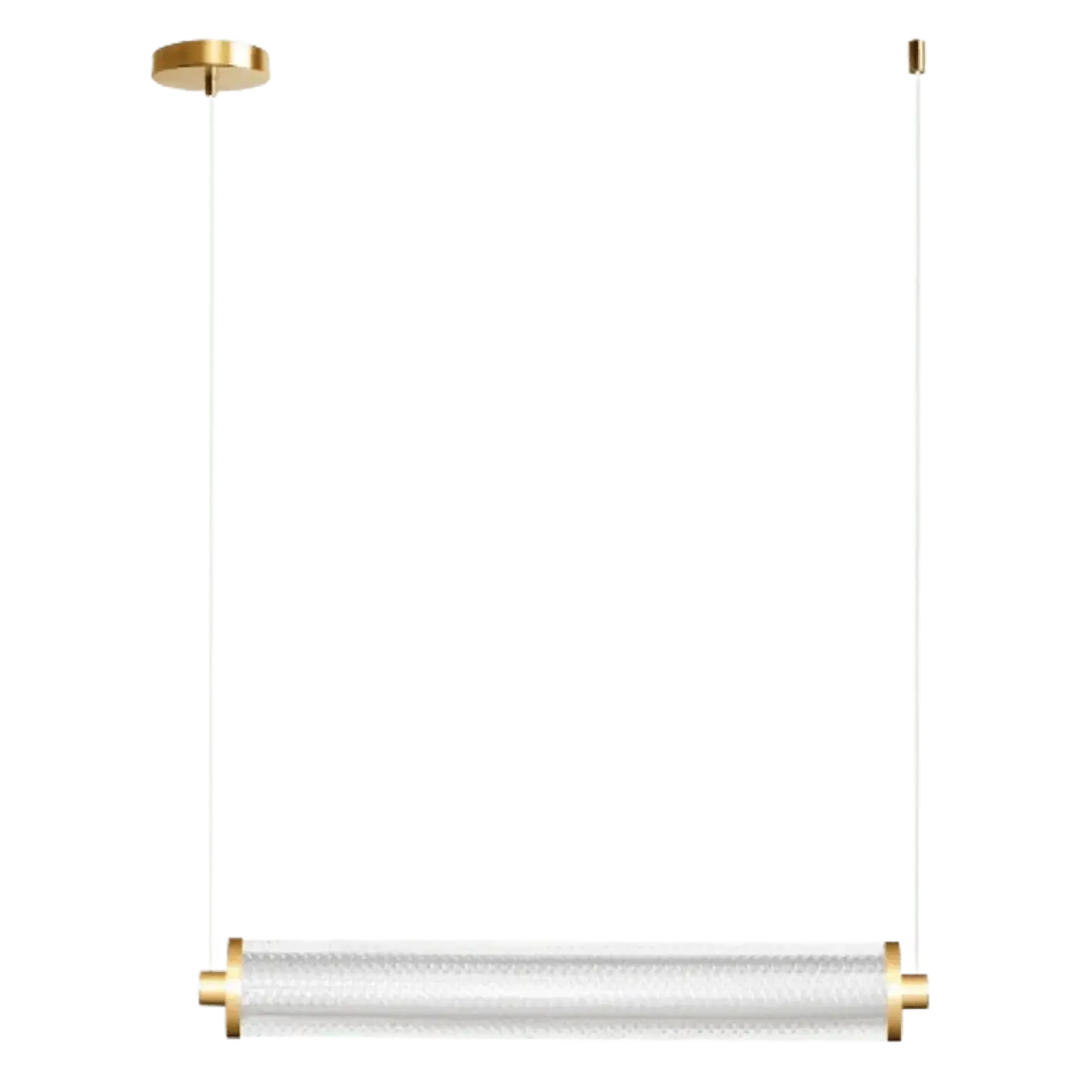 Suspension luminaire horizontale tiffany lumineuse avec corps acrylique clair et accents metalliques dore