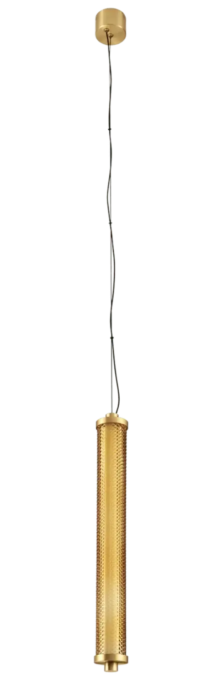 Suspension tiffany verticale cylindrique dorée avec surface en maille texturée et finition métallique élégante