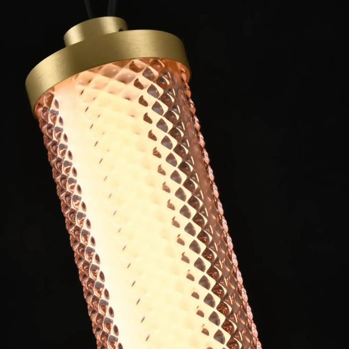 Suspension tiffany verticale cylindrique avec verre cuivré texturé et dessus en laiton poli pour éclairage chaleureux