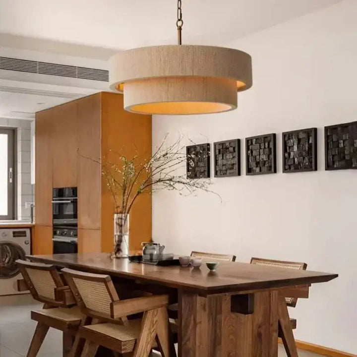 Suspension Rotin Beige Double Abat Jour Moderne