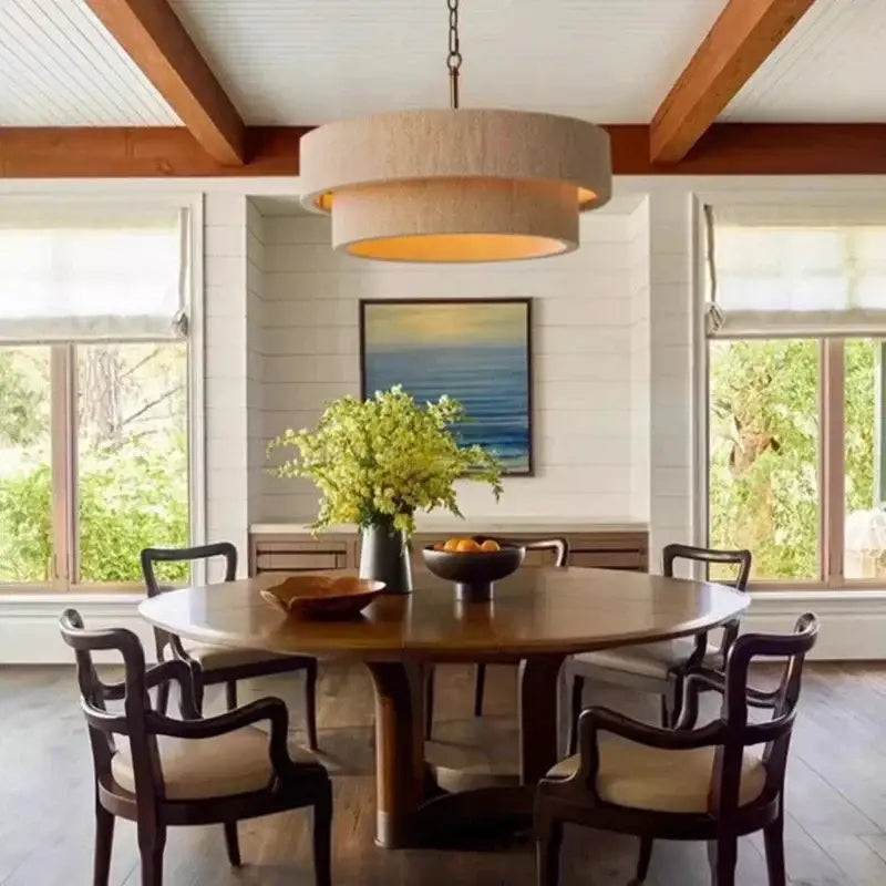 Suspension Rotin Beige Double Abat Jour Moderne