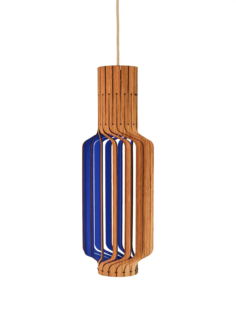 Suspension tjinkwe fråd piatoni avec cadre cylindrique en bois fsc et lames verticales bleues vibrantes