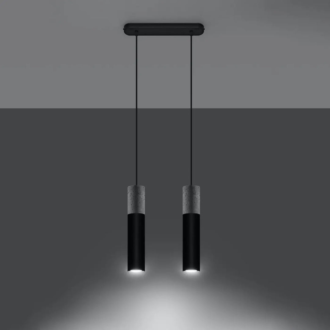 Suspension Borgio tube en acier noir et béton gris, allumée
