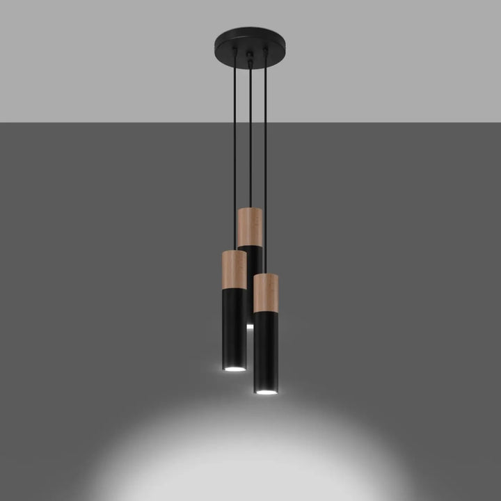 Suspension Pablo à tube en acier noir et manchon en bois, allumée