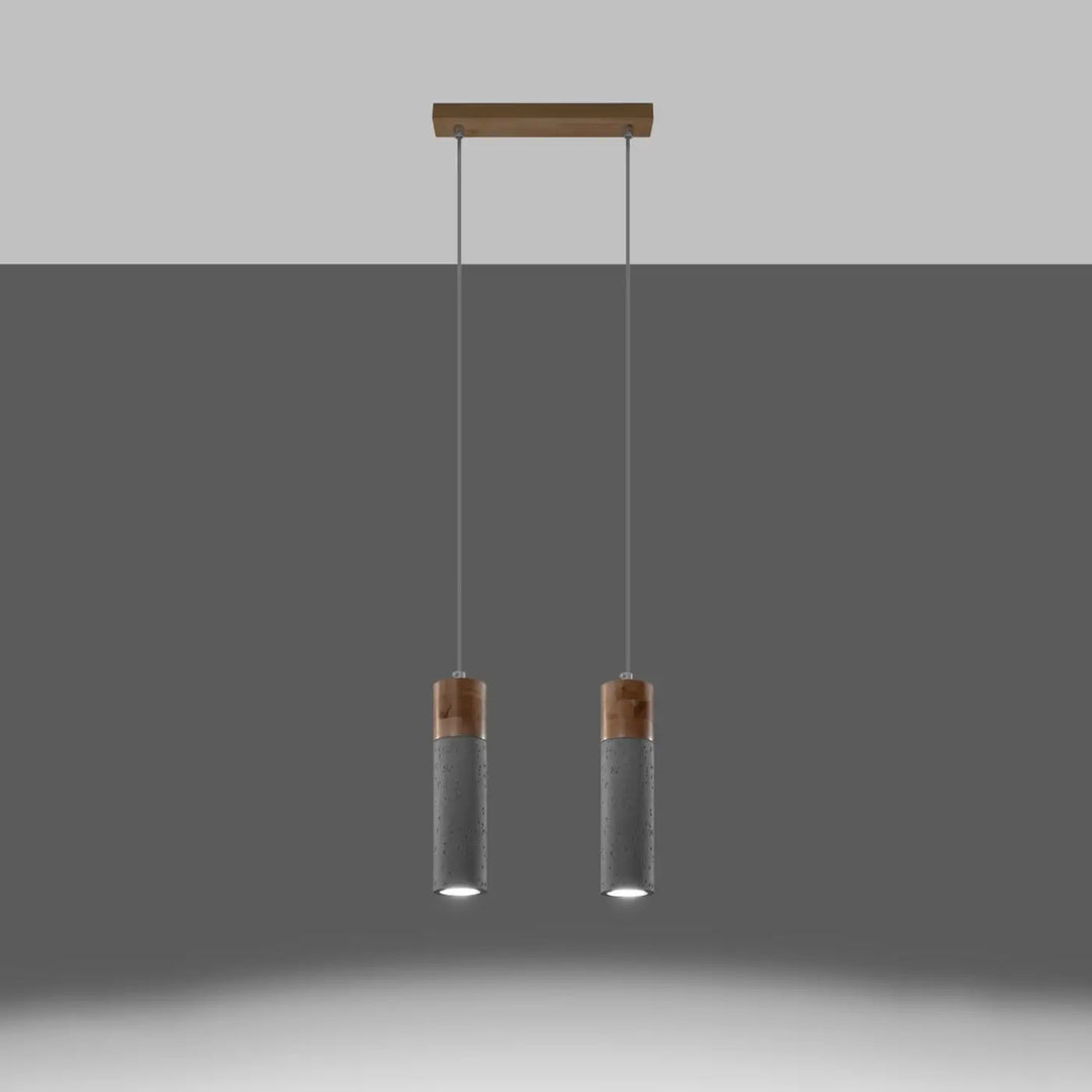 Suspension Zane en béton gris et bois naturel, allumée