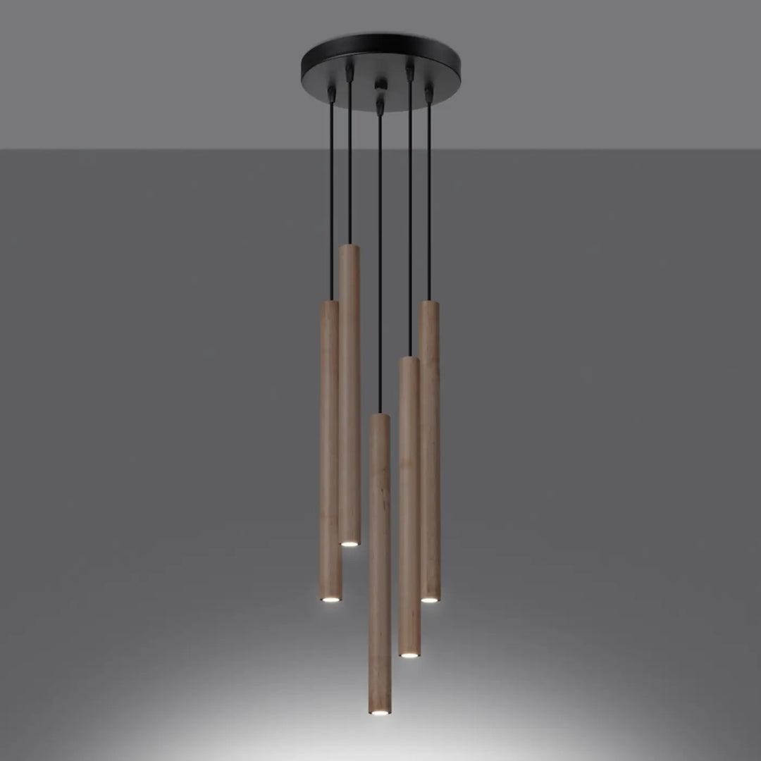 Suspension Pastelo à tube fin en bois naturel, allumée