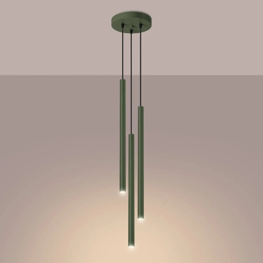 Suspension Pastelo à tube fin vert olive, allumée