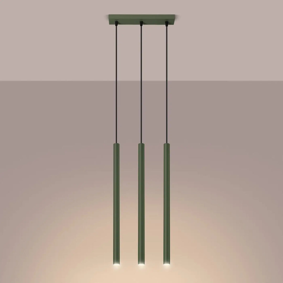 Suspension Pastelo à tube fin vert olive, allumée