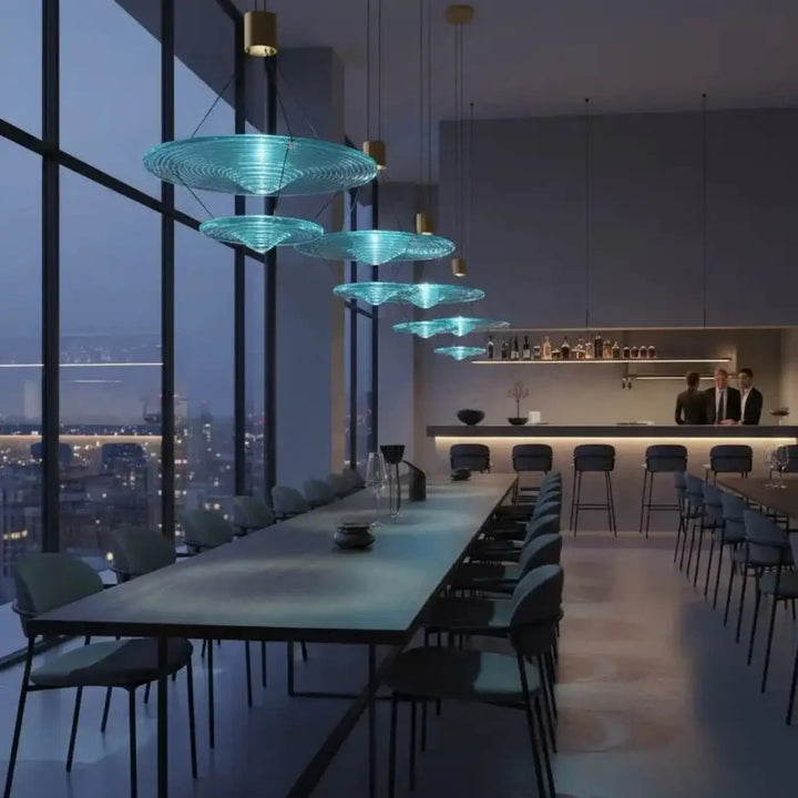 Suspension venise en verre soufflé avec des luminaires pendentifs en verre teal à motifs circulaires concentriques