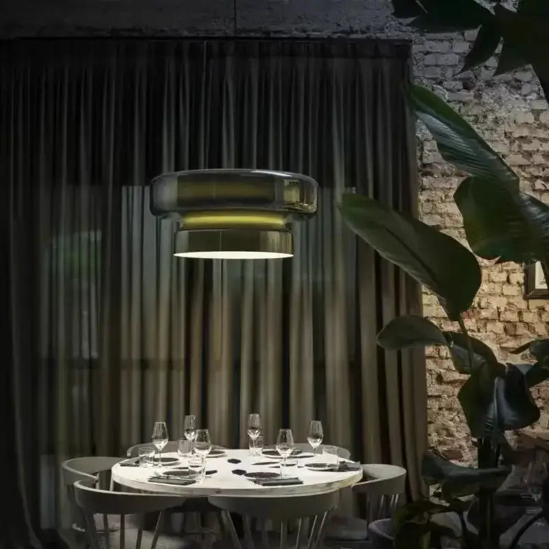 Suspension vintage double anneau en verre pour salle à manger

