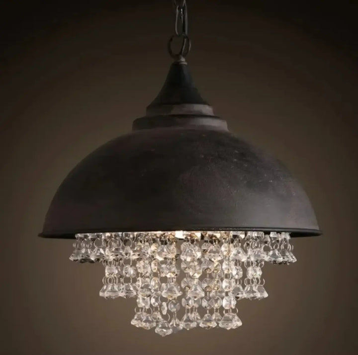 Suspension luminaire noctea en métal noir avec abat-jour en forme de dôme et perles de cristal pour décoration intérieure