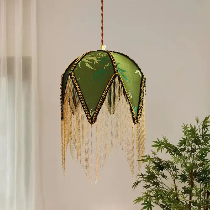 Suspension Vintage Tissu Vert Franges et Bois Design Retro

