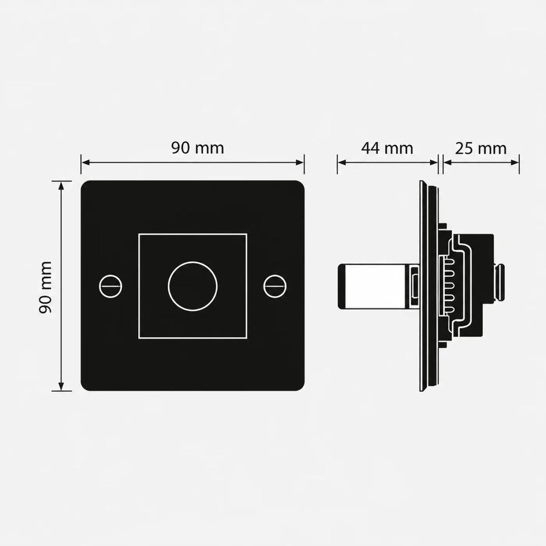 Variateur dimmer 250w noir avec bouton central circulaire gravure quadrillée et gravure alignée sur face avant