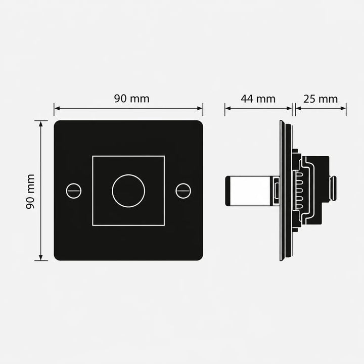 Variateur dimmer 250w noir avec bouton central circulaire gravure quadrillée et gravure alignée sur face avant