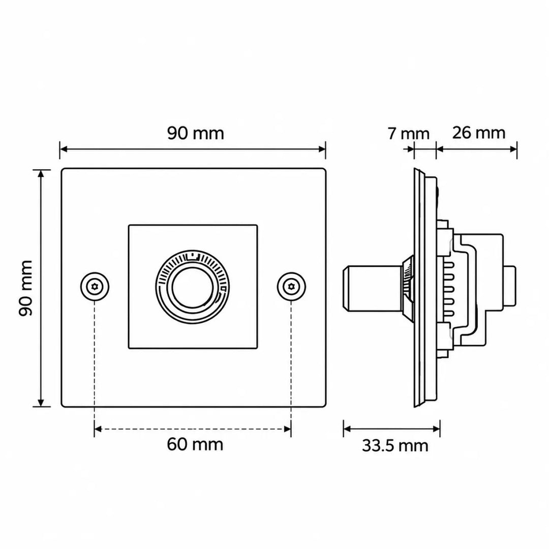 Variateur dimmer 90 mm carré bronze fumé avec bouton rotatif circulaire et deux trous de fixation murale gravure alignée