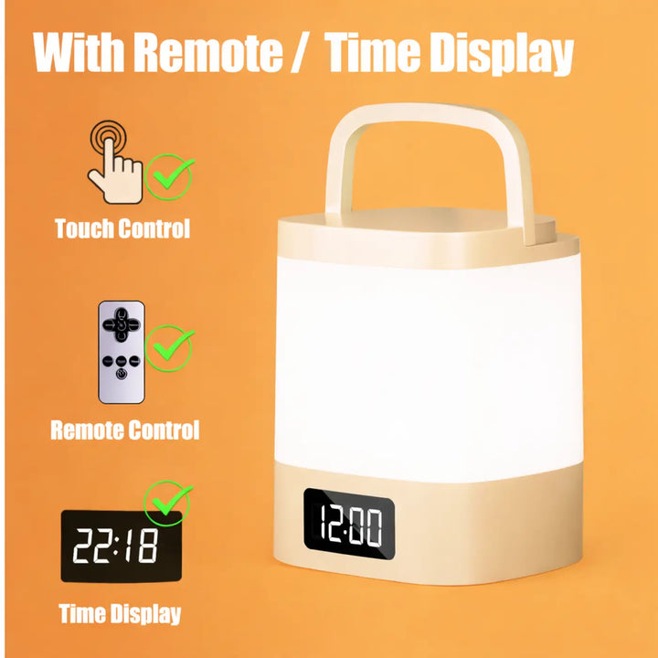Veilleuse design moderne mallow beige cylindrique avec poignée écran digital et contrôle tactile au socle